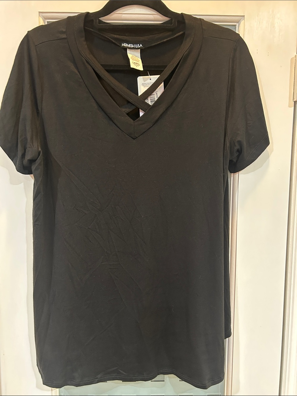 HEIMISH USA Black V-Neck Short Sleeve Tee with Crisscross Straps